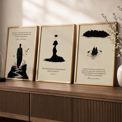 Marcus Aurelius Motivational Quotes Wall Art Set of 3 Framed Prints for Living Room