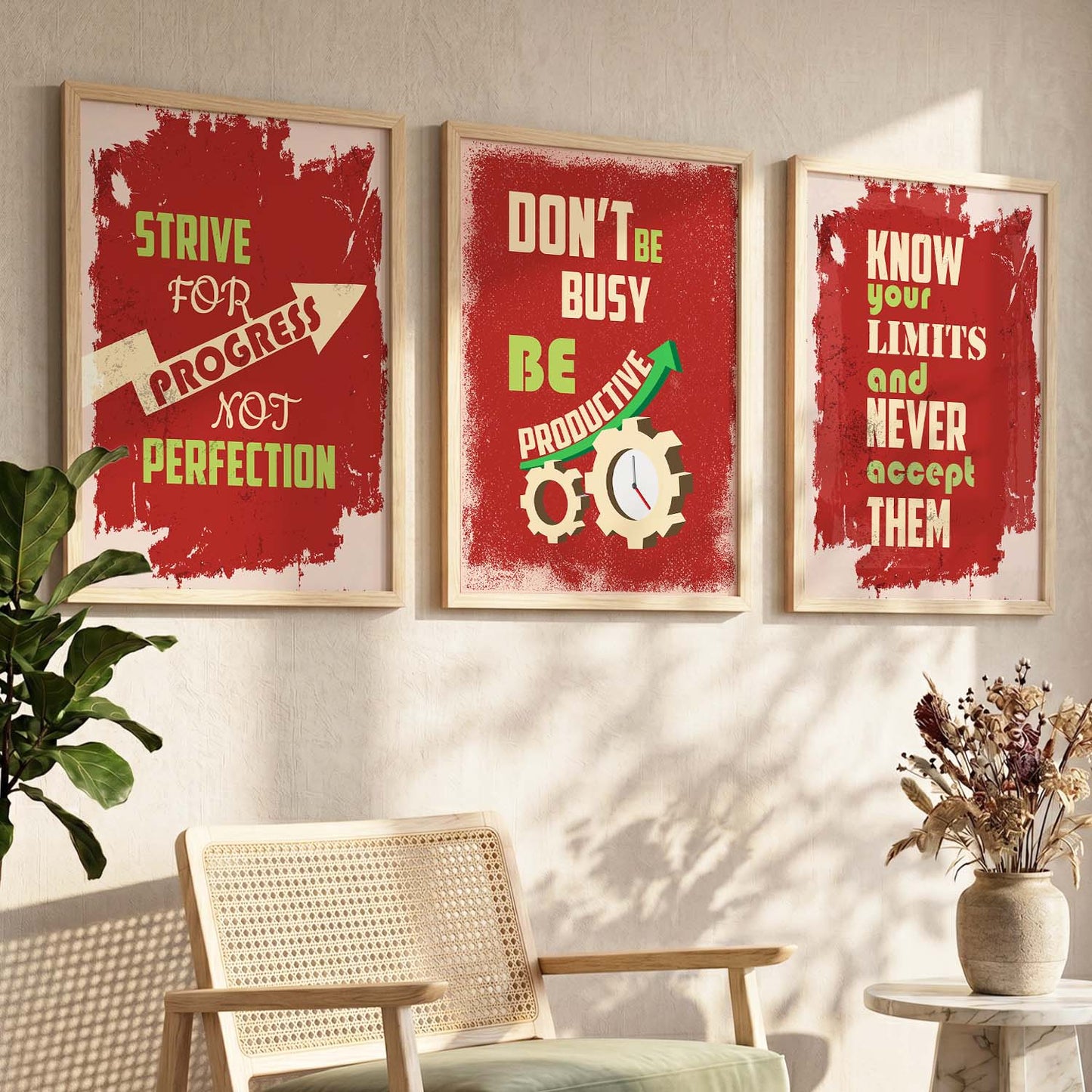 Study School Motivational Quotes Wall Art Set of 3 Framed Prints for Bedroom