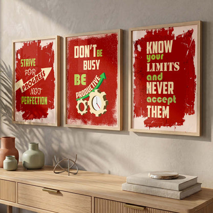 Study School Motivational Quotes Wall Art Set of 3 Framed Prints for Bedroom