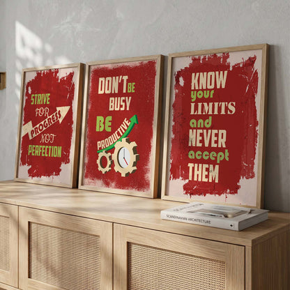 Study School Motivational Quotes Wall Art Set of 3 Framed Prints for Bedroom