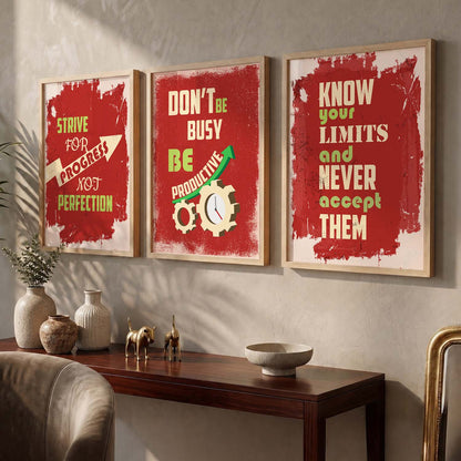 Study School Motivational Quotes Wall Art Set of 3 Framed Prints for Bedroom