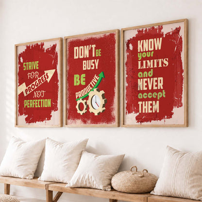 Study School Motivational Quotes Wall Art Set of 3 Framed Prints for Bedroom