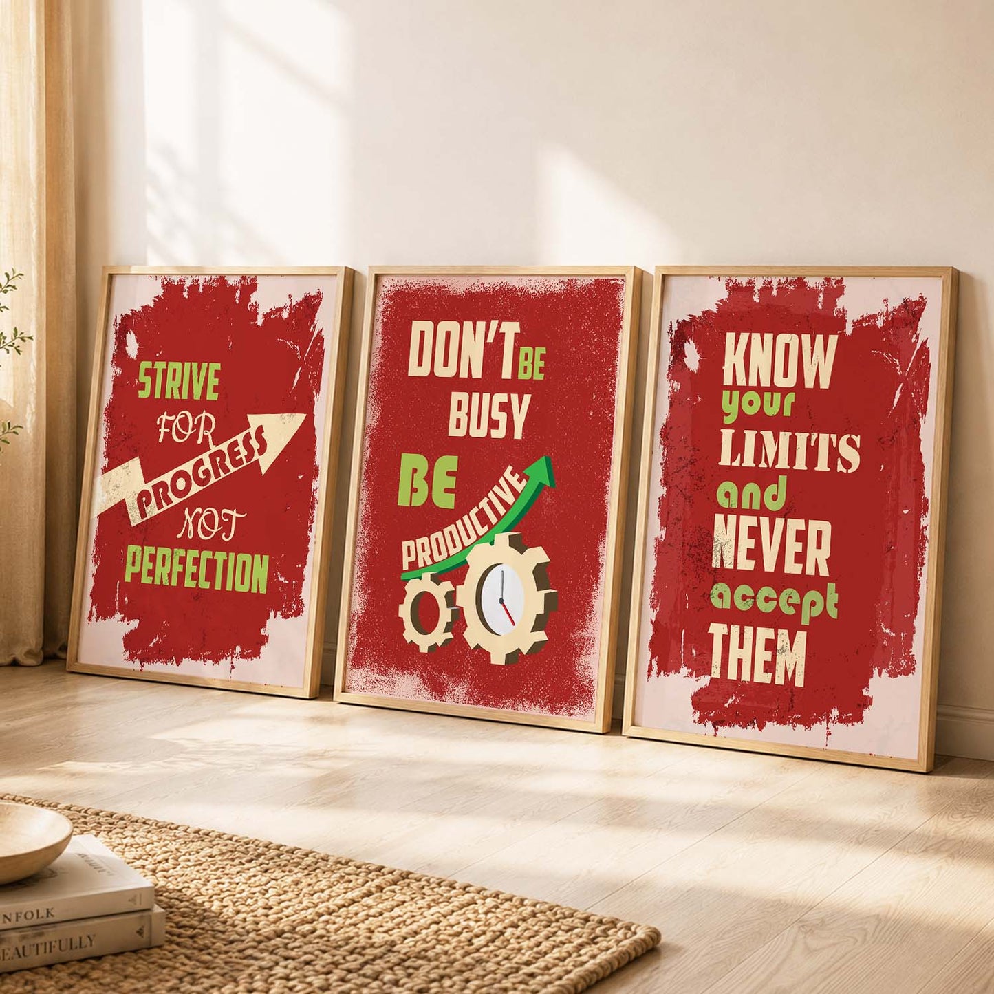 Study School Motivational Quotes Wall Art Set of 3 Framed Prints for Bedroom