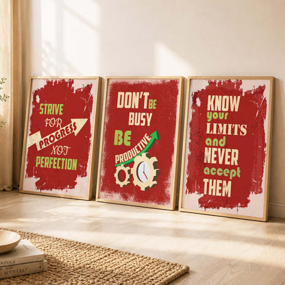 Study School Motivational Quotes Wall Art Set of 3 Framed Prints for Bedroom