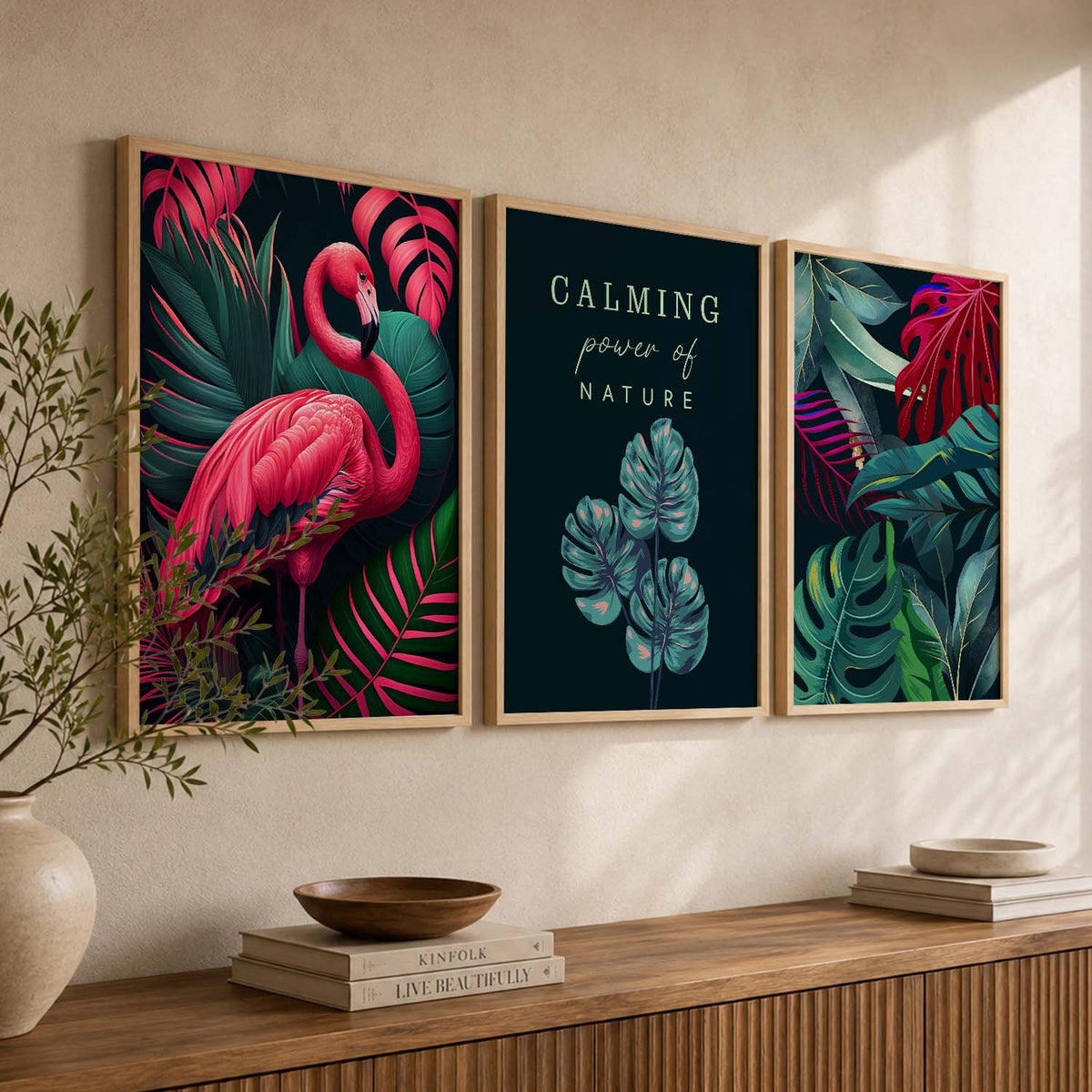Nature Inspired Beautiful Flamingo and Botanical Leaf Prints for Living Room Bedroom Home and Office Wall Decor