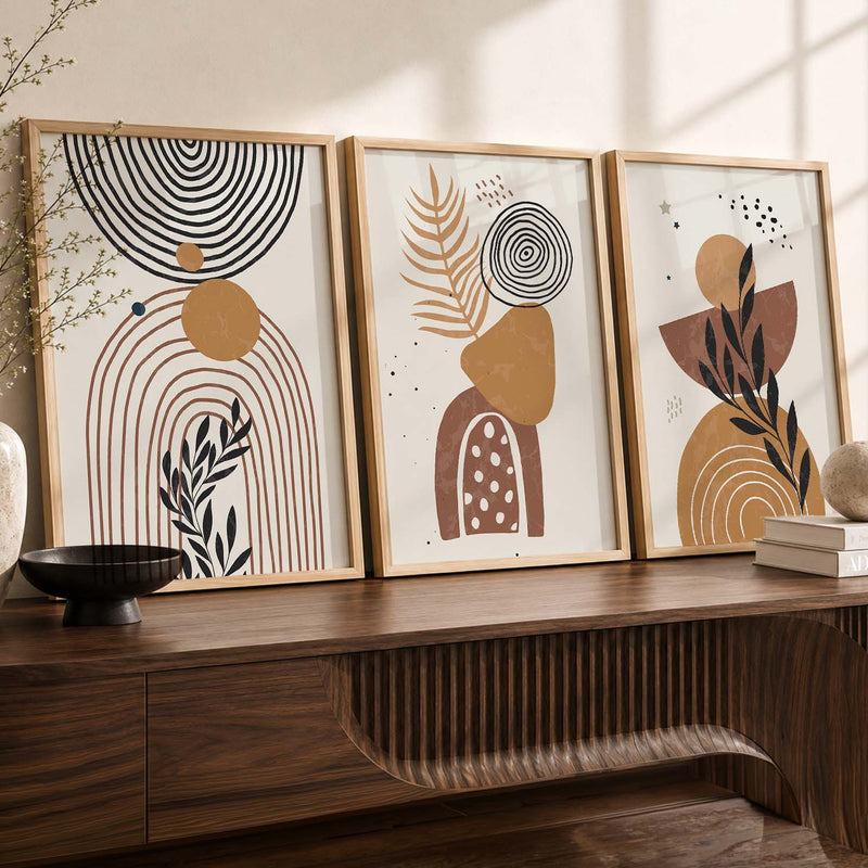 Black Cream Organic Abstract Boho Modern Wall Art Set of 3 Framed Prints