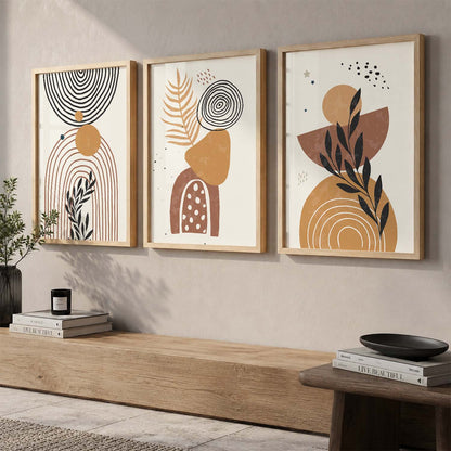 Black Cream Organic Abstract Boho Modern Wall Art Set of 3 Framed Prints