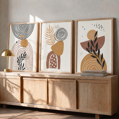 Black Cream Organic Abstract Boho Modern Wall Art Set of 3 Framed Prints