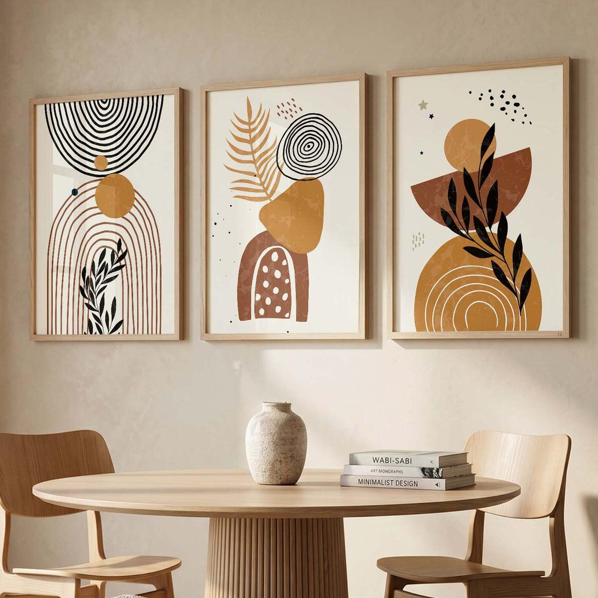 Black Cream Organic Abstract Boho Modern Wall Art Set of 3 Framed Prints