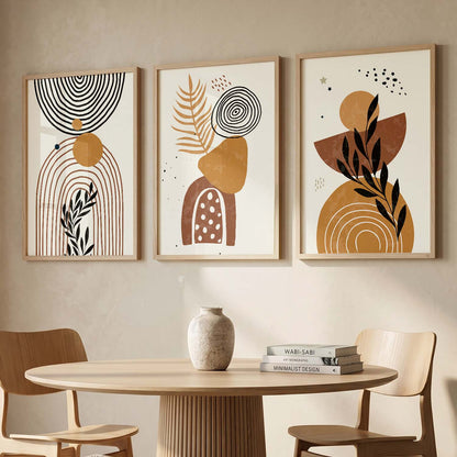 Black Cream Organic Abstract Boho Modern Wall Art Set of 3 Framed Prints