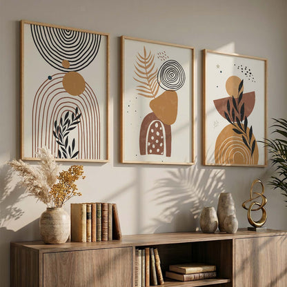 Black Cream Organic Abstract Boho Modern Wall Art Set of 3 Framed Prints