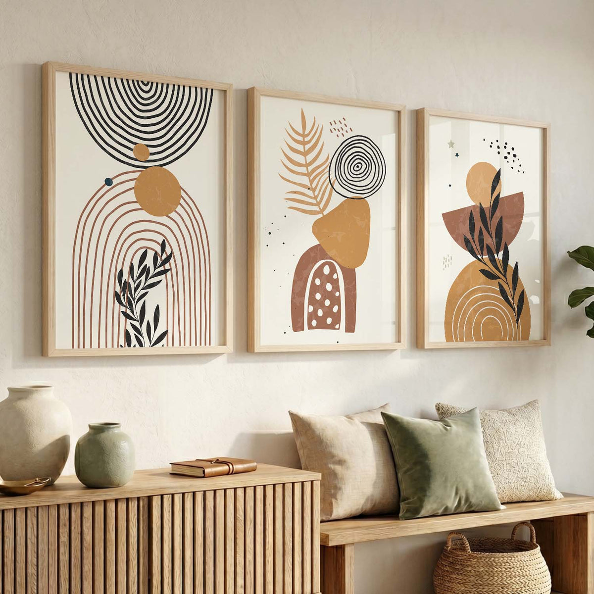 Black Cream Organic Abstract Boho Modern Wall Art Set of 3 Framed Prints
