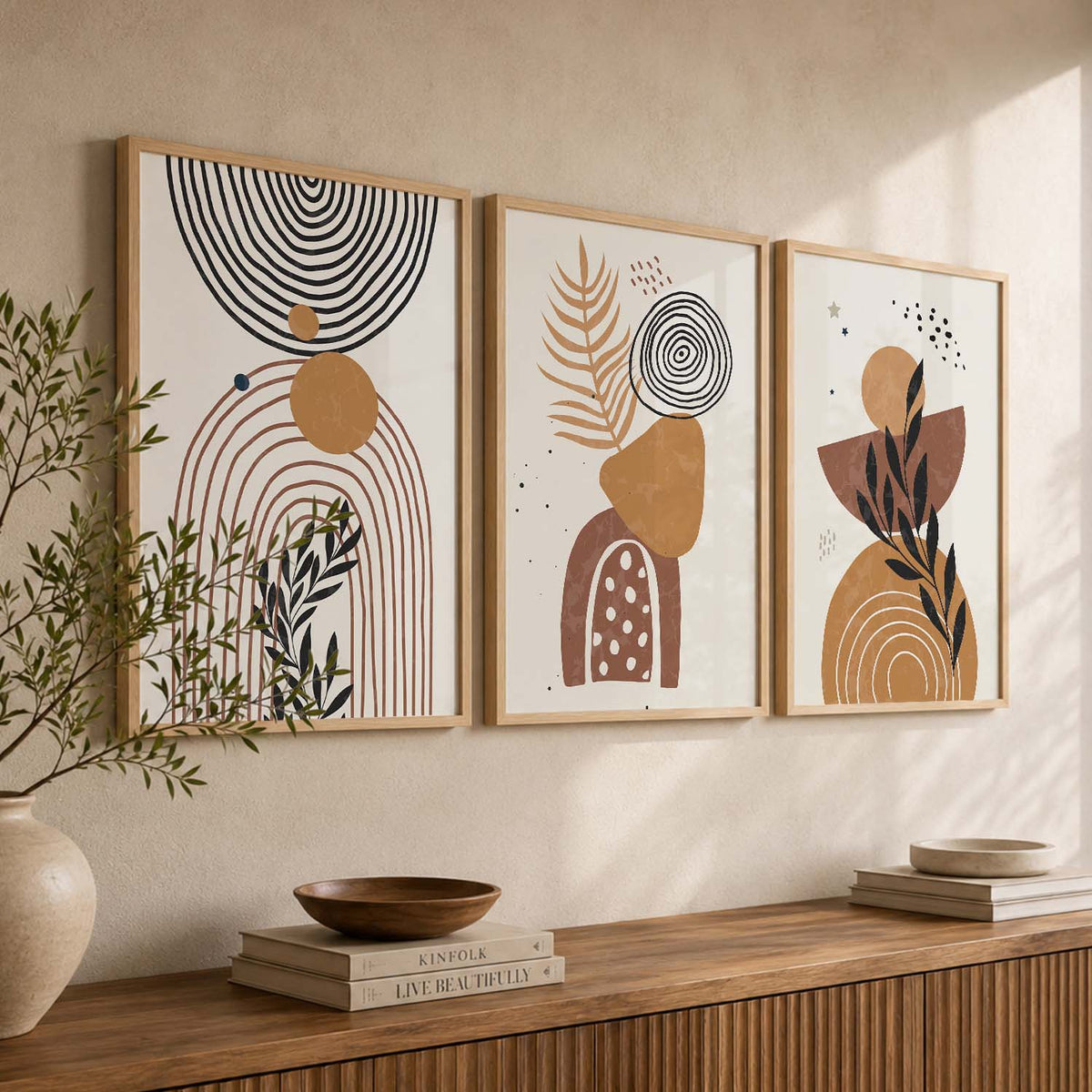 Black Cream Organic Abstract Boho Modern Wall Art Set of 3 Framed Prints
