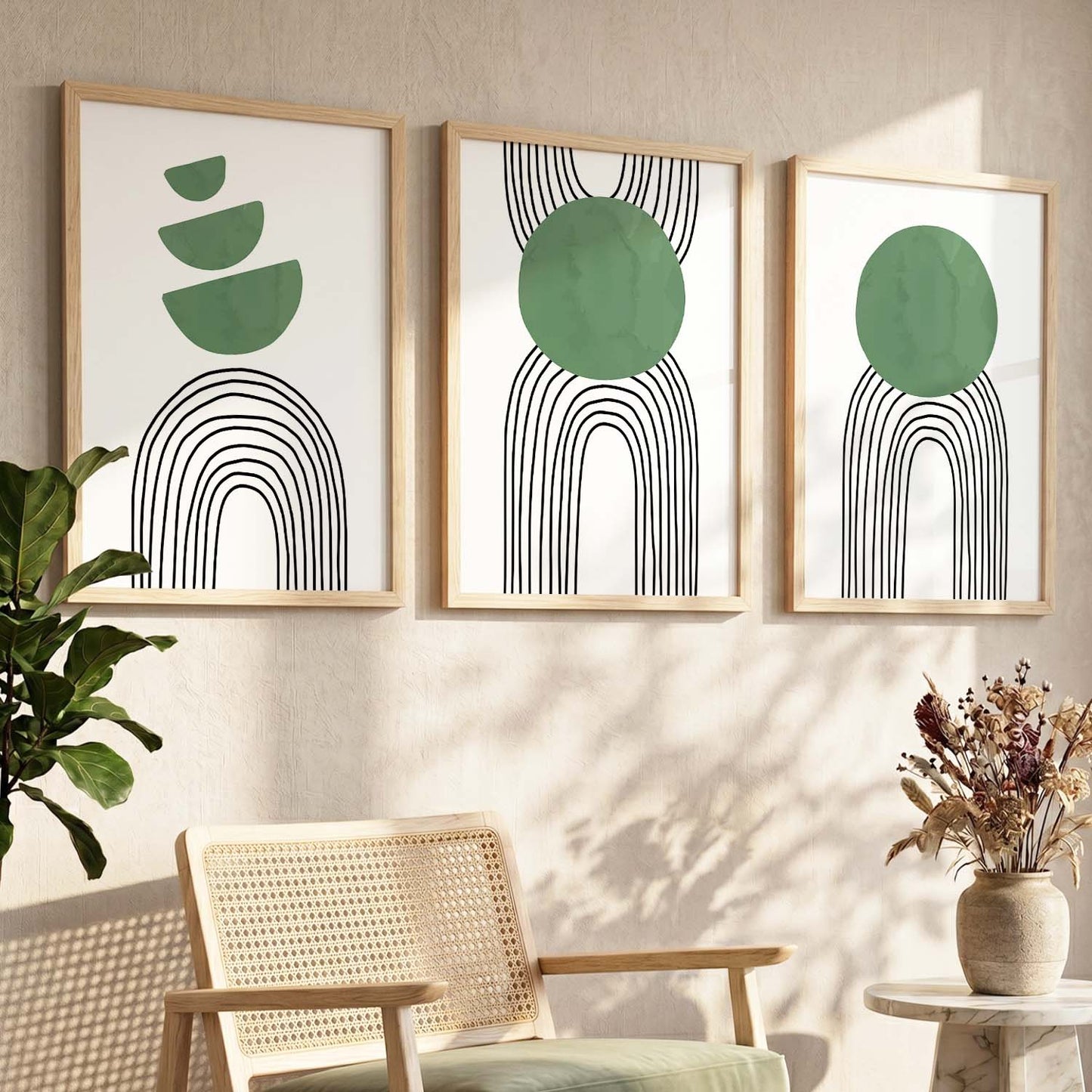 Abstract Shape Boho Minimalist Wall Art Set of 3 Framed Prints