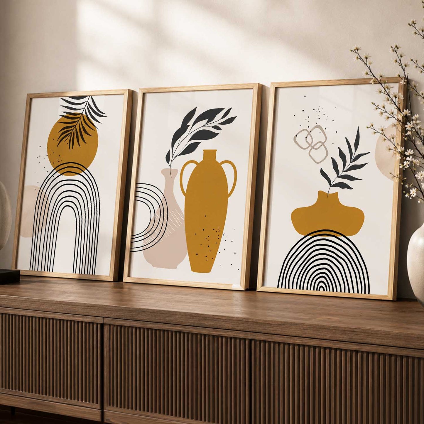 Mustard Abstract Shape Boho Wall Art Set of 3 Framed Prints