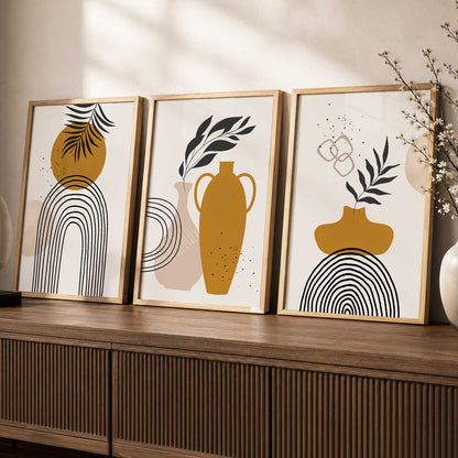 Mustard Abstract Shape Boho Wall Art Set of 3 Framed Prints