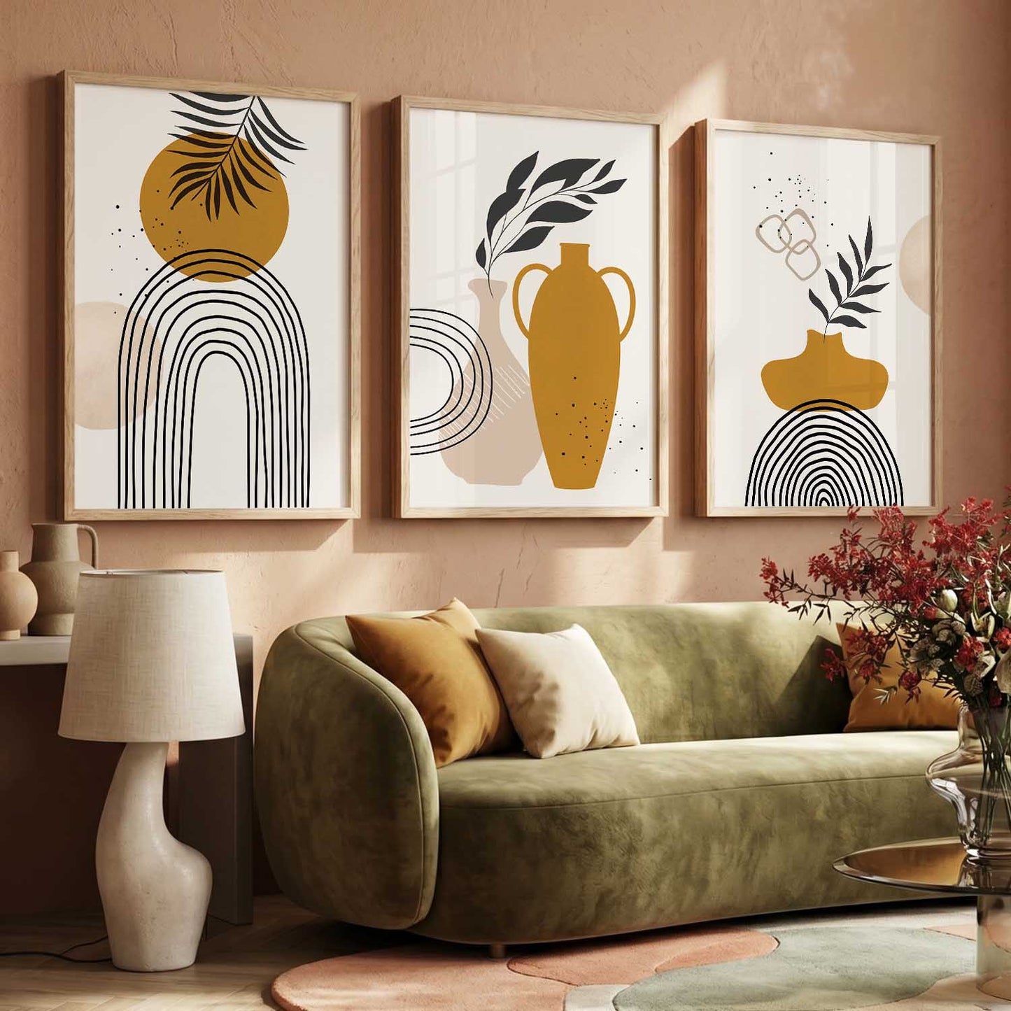 Mustard Abstract Shape Boho Wall Art Set of 3 Framed Prints