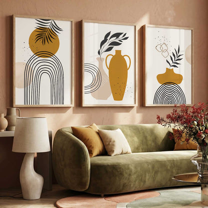 Mustard Abstract Shape Boho Wall Art Set of 3 Framed Prints