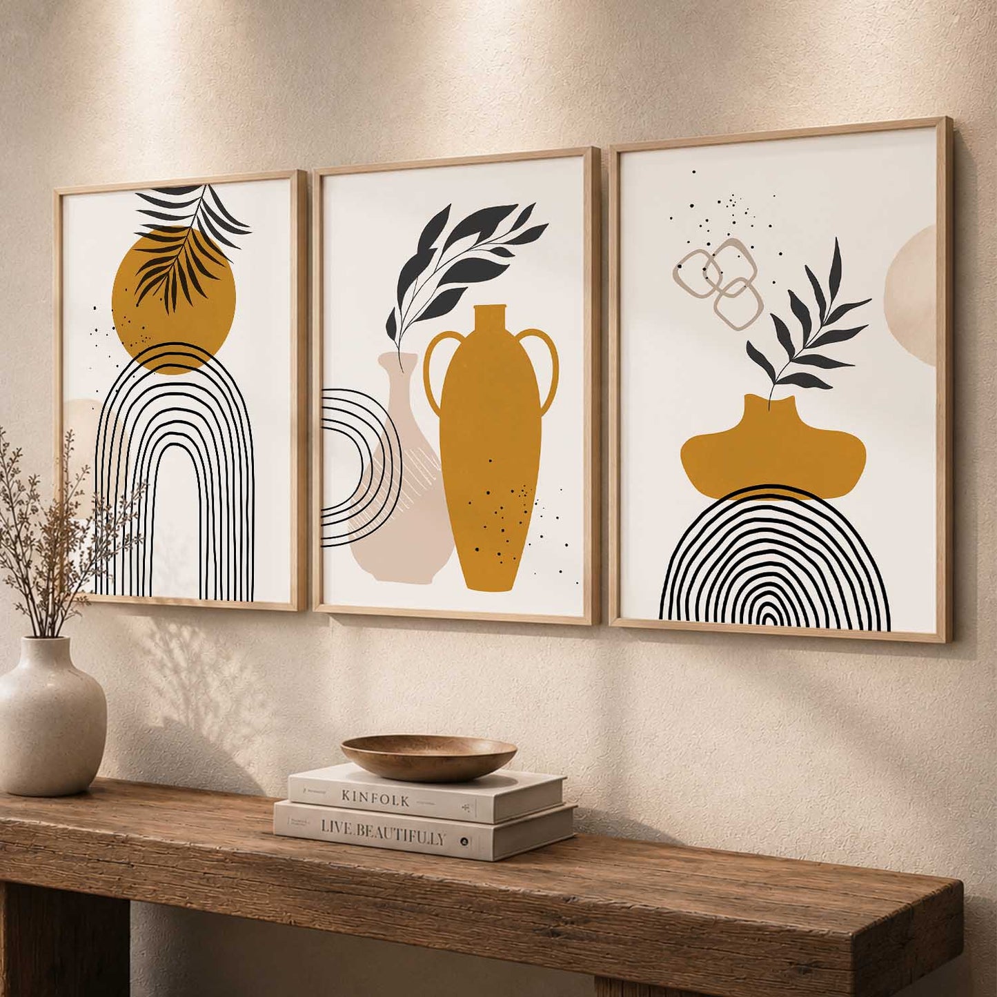 Mustard Abstract Shape Boho Wall Art Set of 3 Framed Prints