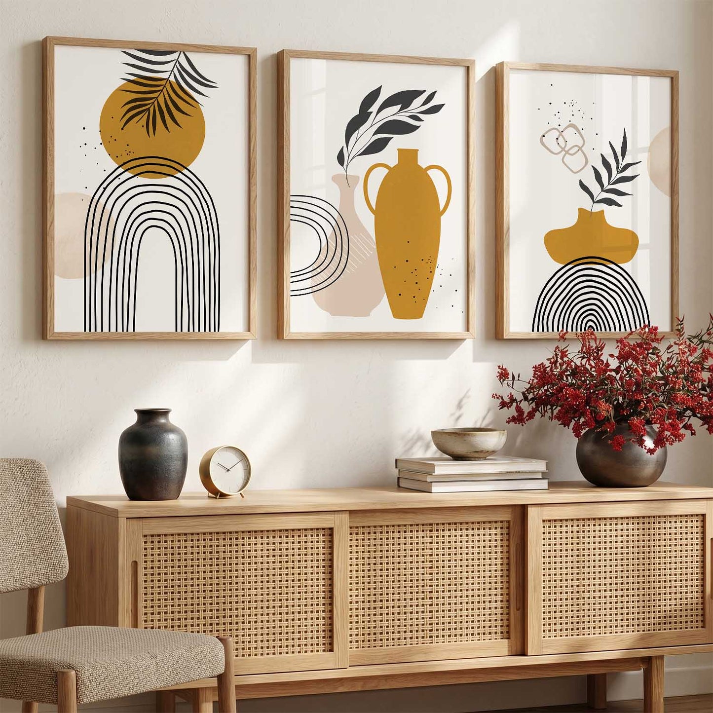 Mustard Abstract Shape Boho Wall Art Set of 3 Framed Prints