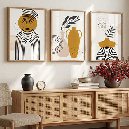 Mustard Abstract Shape Boho Wall Art Set of 3 Framed Prints