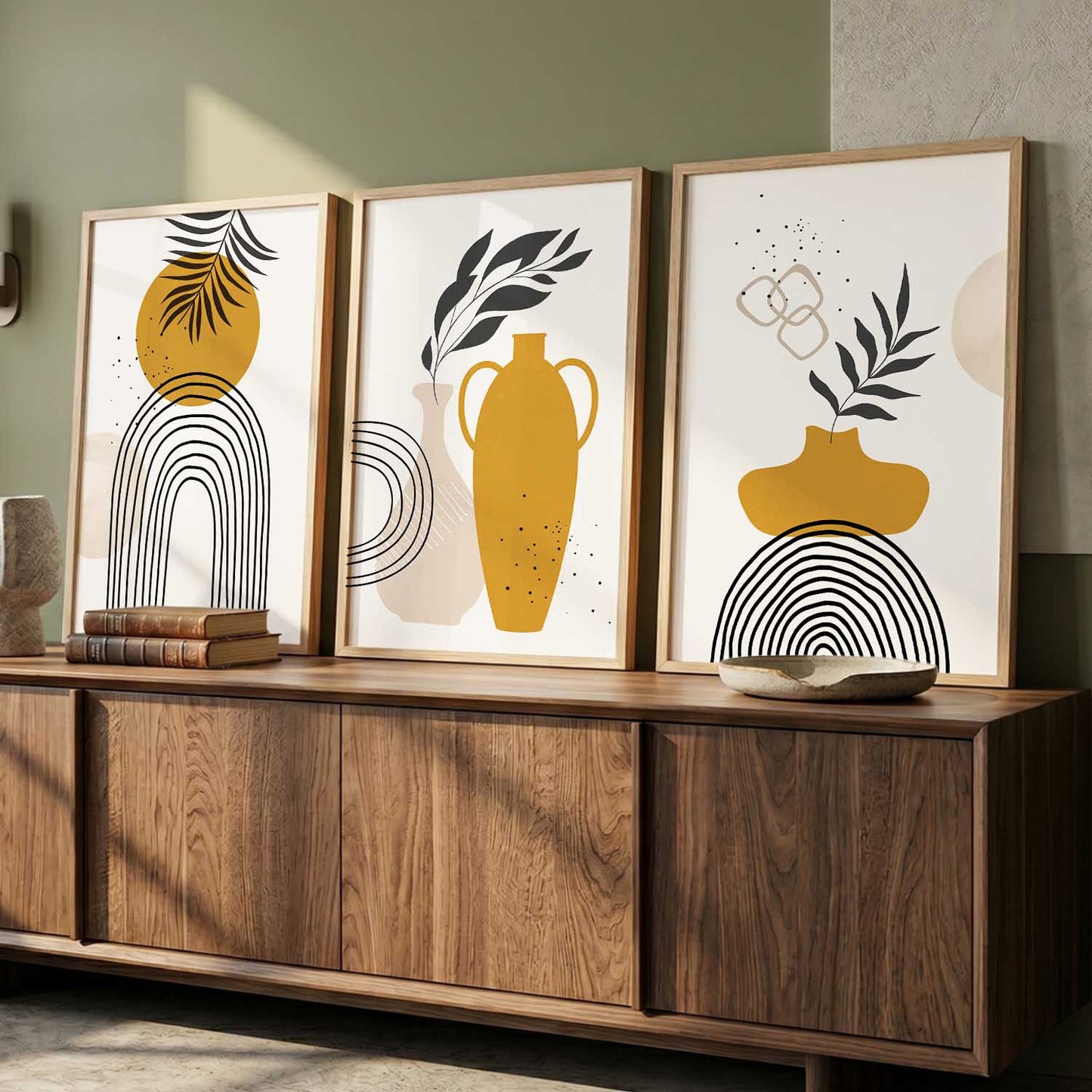 Mustard Abstract Shape Boho Wall Art Set of 3 Framed Prints