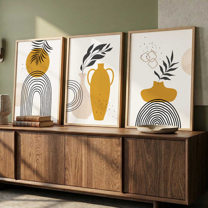 Mustard Abstract Shape Boho Wall Art Set of 3 Framed Prints
