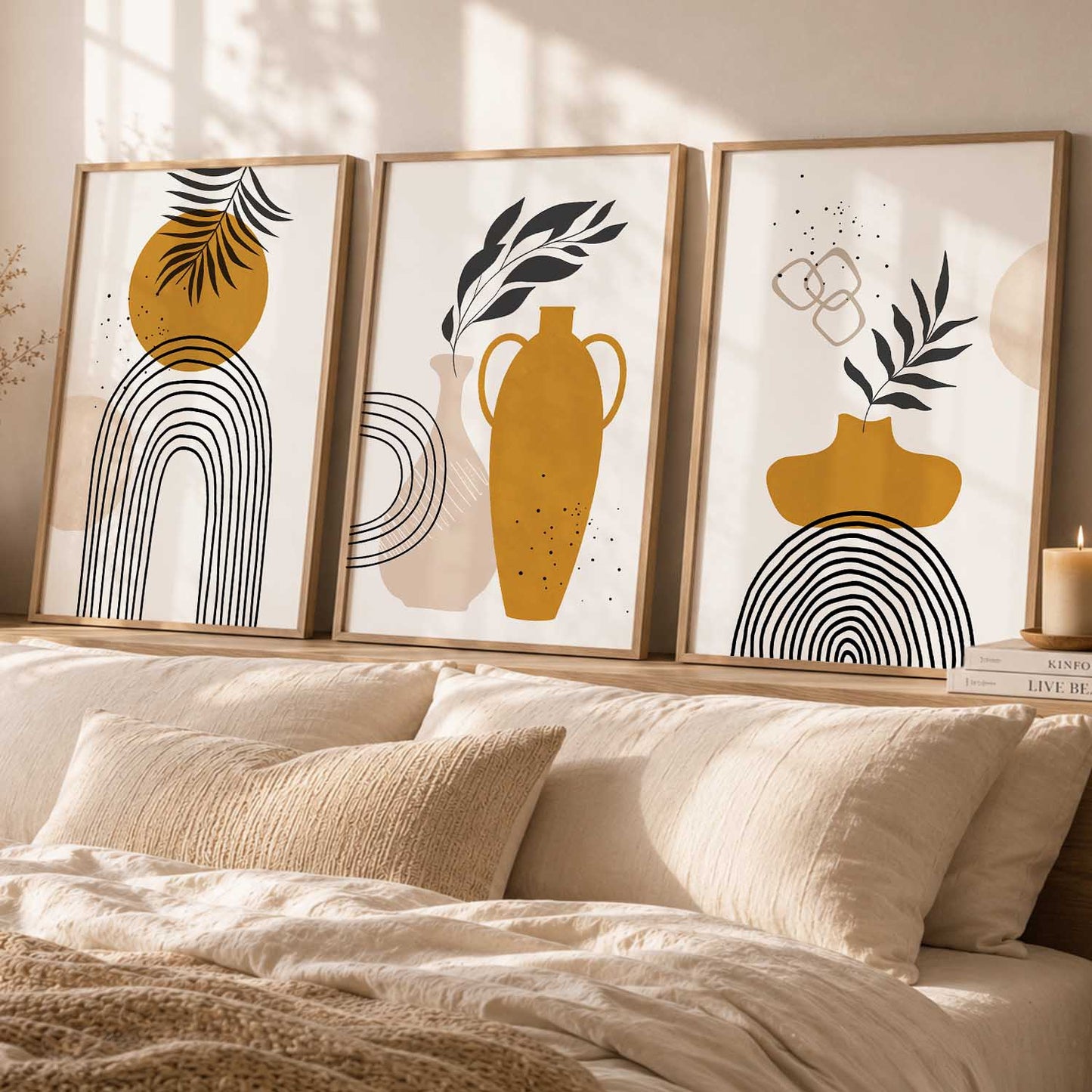 Mustard Abstract Shape Boho Wall Art Set of 3 Framed Prints
