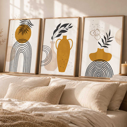 Mustard Abstract Shape Boho Wall Art Set of 3 Framed Prints