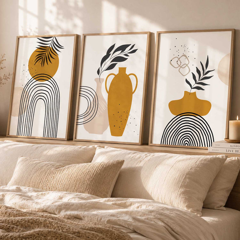 Mustard Abstract Shape Boho Wall Art Set of 3 Framed Prints