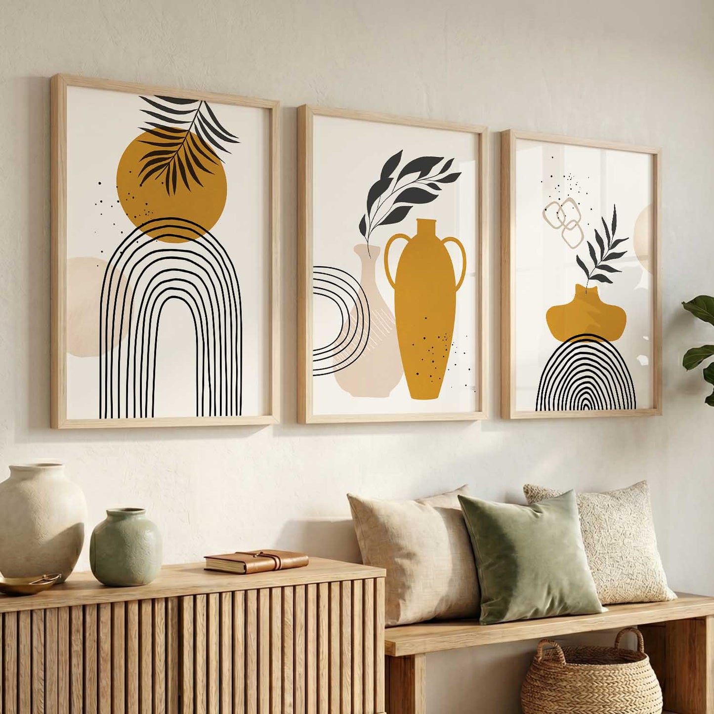 Mustard Abstract Shape Boho Wall Art Set of 3 Framed Prints
