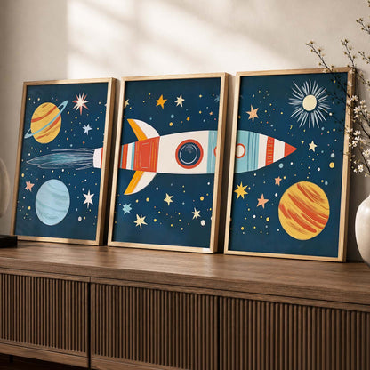 Retro Space Rocket Educational Wall Art Paintings for Living Room Bedroom
