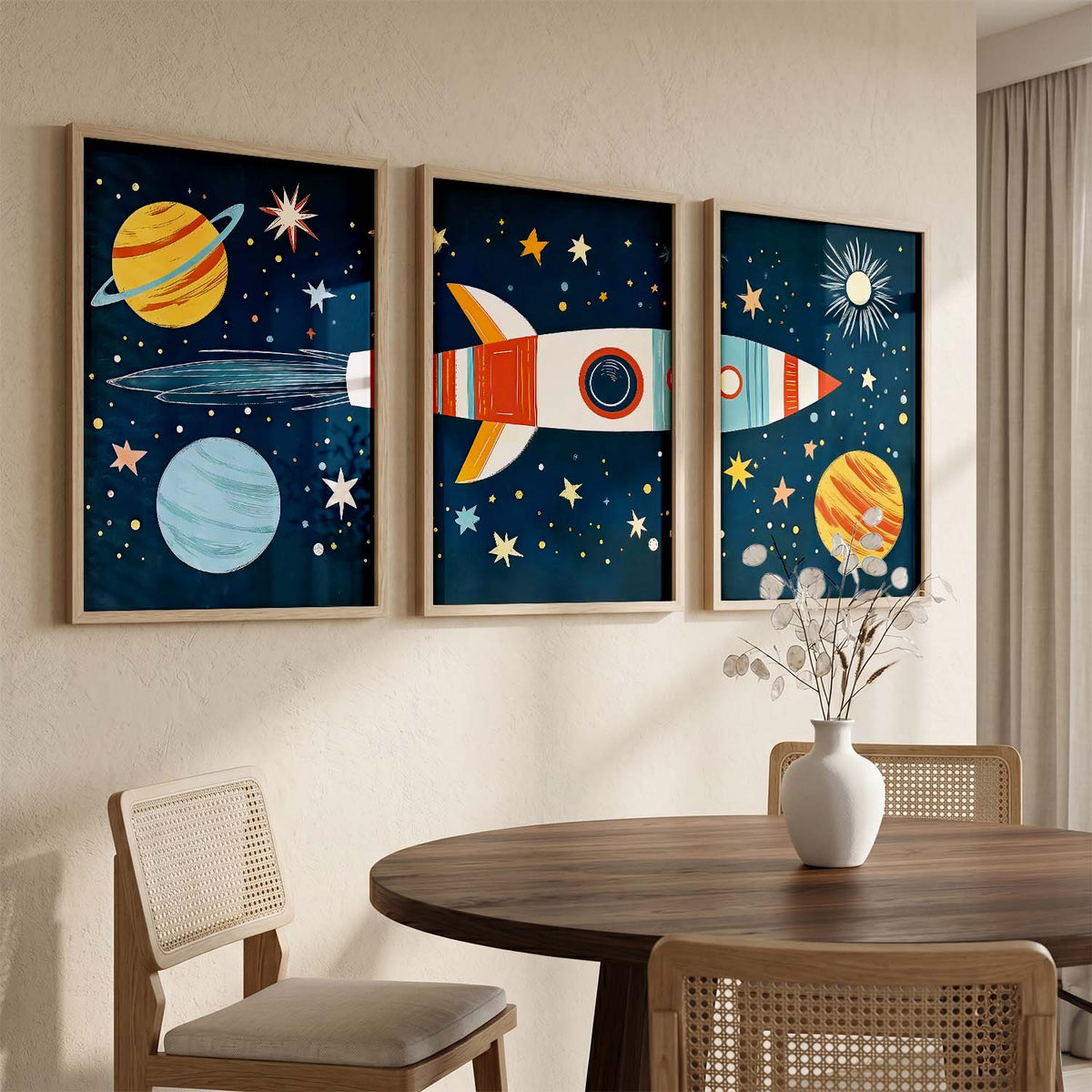 Retro Space Rocket Educational Wall Art Paintings for Living Room Bedroom