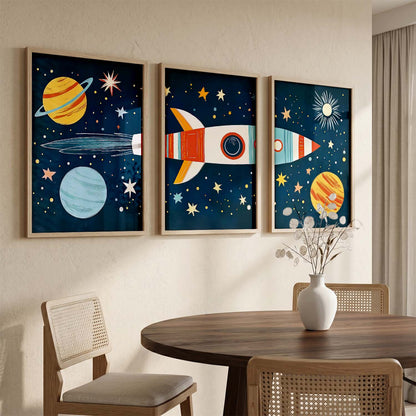 Retro Space Rocket Educational Wall Art Paintings for Living Room Bedroom