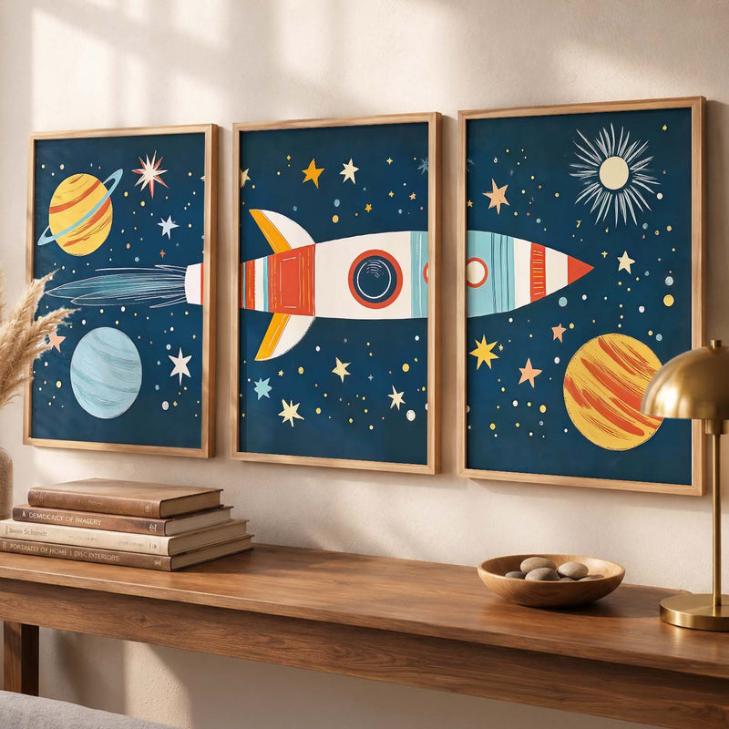Retro Space Rocket Educational Wall Art Paintings for Living Room Bedroom