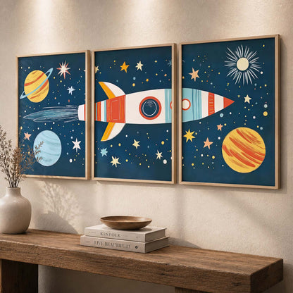 Retro Space Rocket Educational Wall Art Paintings for Living Room Bedroom