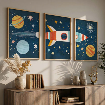 Retro Space Rocket Educational Wall Art Paintings for Living Room Bedroom