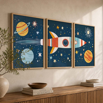 Retro Space Rocket Educational Wall Art Paintings for Living Room Bedroom