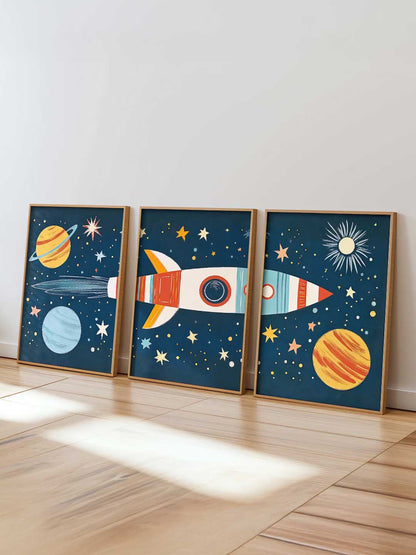 Retro Space Rocket Educational Wall Art Paintings for Living Room Bedroom