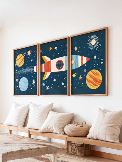 Retro Space Rocket Educational Wall Art Paintings for Living Room Bedroom