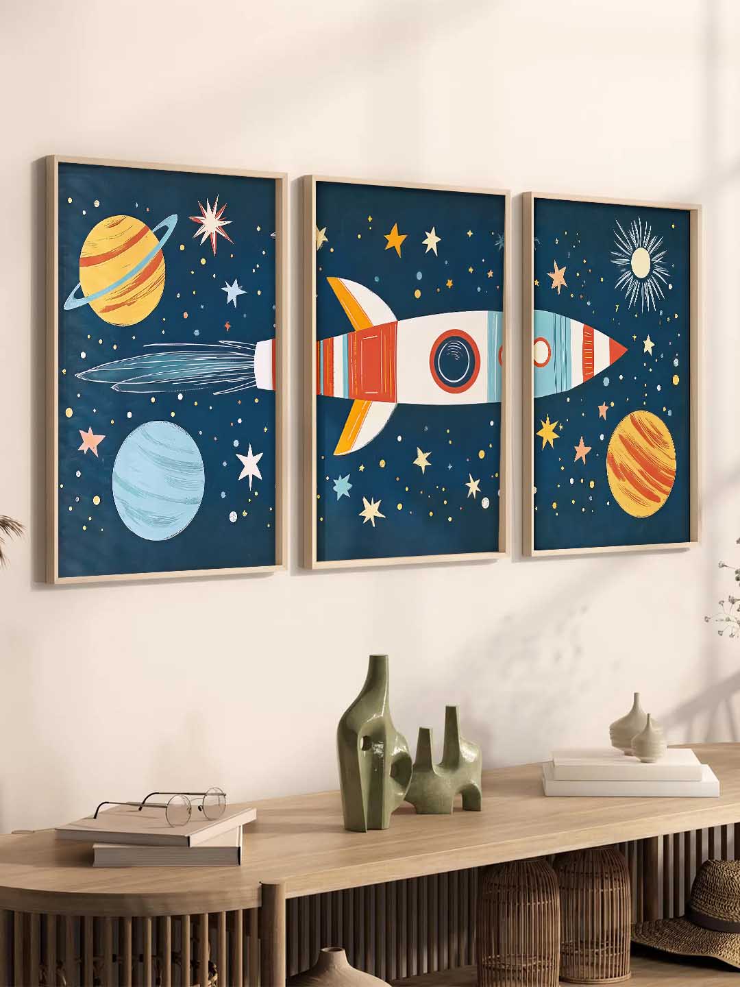 Retro Space Rocket Educational Wall Art Paintings for Living Room Bedroom
