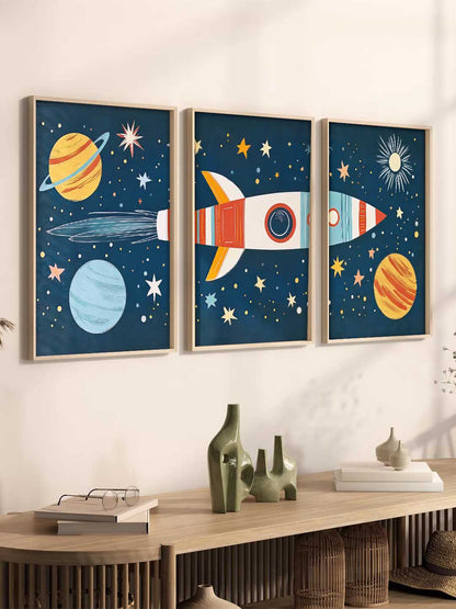 Retro Space Rocket Educational Wall Art Paintings for Living Room Bedroom
