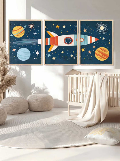 Retro Space Rocket Educational Wall Art Paintings for Living Room Bedroom