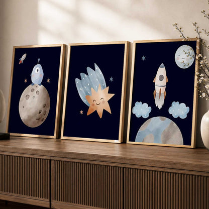 Retro Space Planet Rocket Educational Wall Art Paintings for Living Room Bedroom
