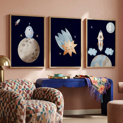 Retro Space Planet Rocket Educational Wall Art Paintings for Living Room Bedroom