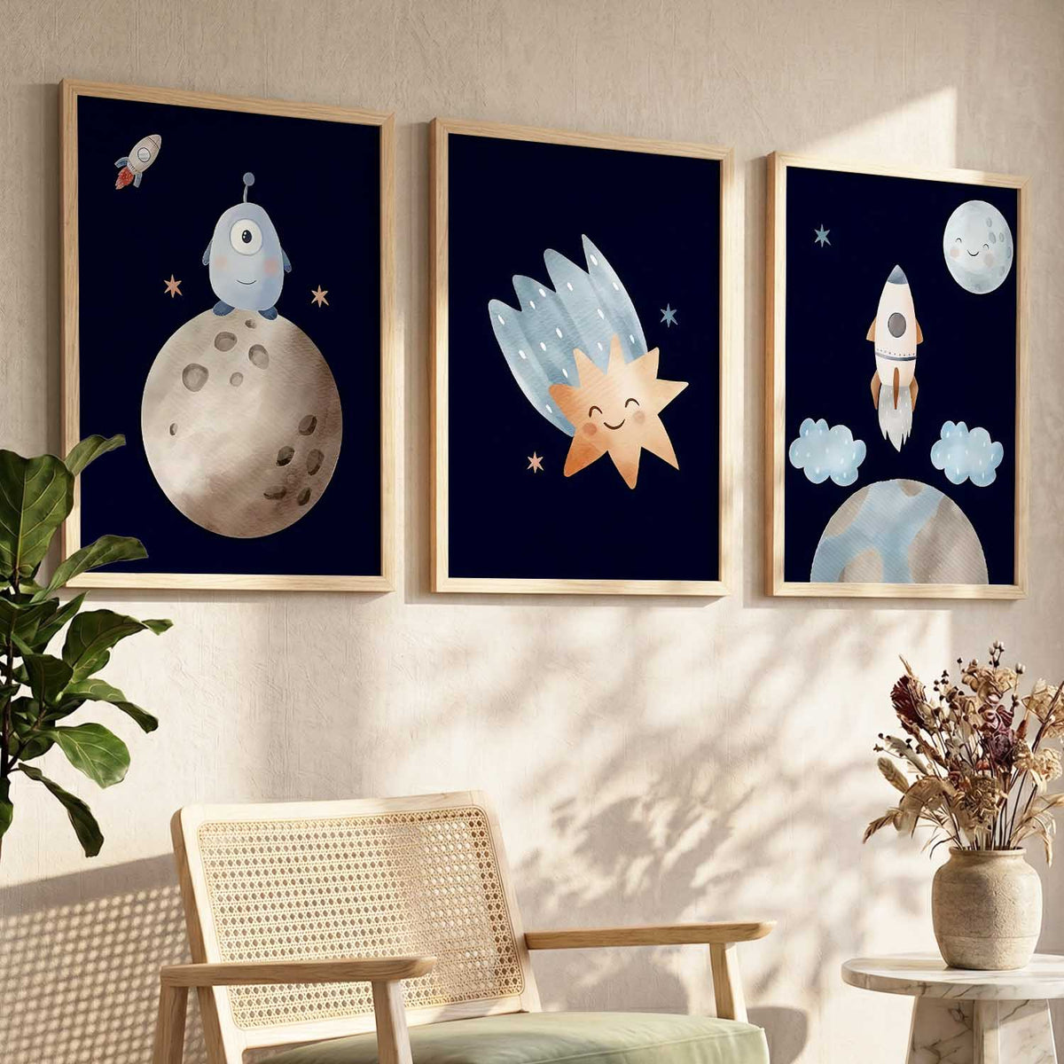 Retro Space Planet Rocket Educational Wall Art Paintings for Living Room Bedroom