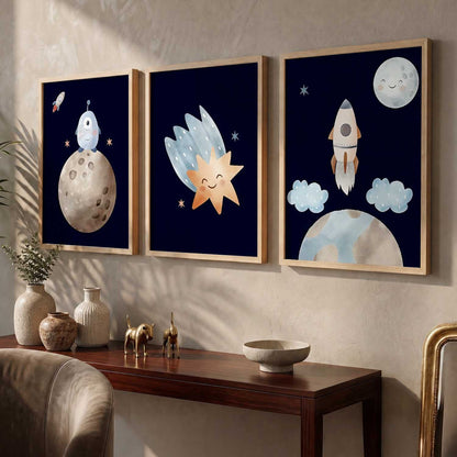 Retro Space Planet Rocket Educational Wall Art Paintings for Living Room Bedroom
