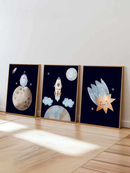 Retro Space Planet Rocket Educational Wall Art Paintings for Living Room Bedroom