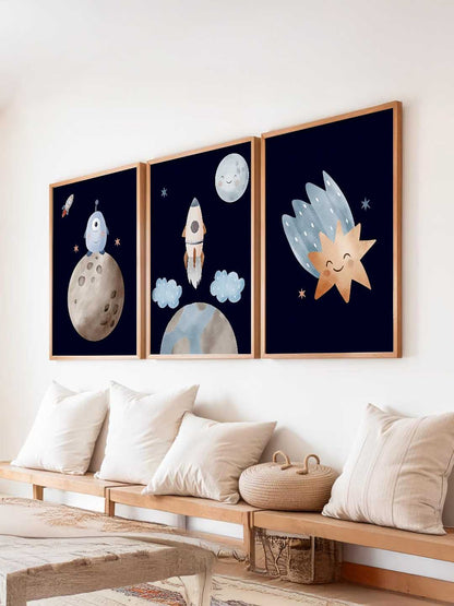 Retro Space Planet Rocket Educational Wall Art Paintings for Living Room Bedroom