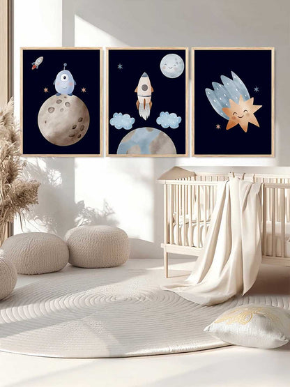 Retro Space Planet Rocket Educational Wall Art Paintings for Living Room Bedroom